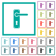 Right handed door handle with screws flat color icons with quadrant frames on white background - Right handed door handle with screws flat color icons with quadrant frames