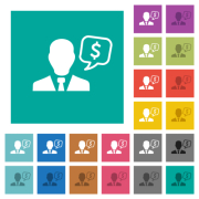 Dollar financial advisor multi colored flat icons on plain square backgrounds. Included white and darker icon variations for hover or active effects. - Dollar financial advisor square flat multi colored icons
