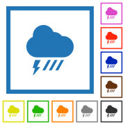 Stormy and downpour weather flat color icons in square frames on white background - Stormy and downpour weather flat framed icons