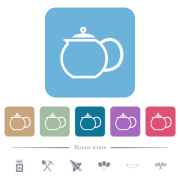 Teapot outline white flat icons on color rounded square backgrounds. 6 bonus icons included - Teapot outline flat icons on color rounded square backgrounds