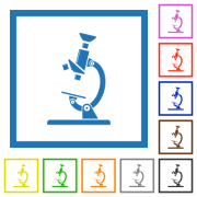 Microscope flat color icons in square frames on white background - Microscope flat framed icons