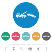 Car towing flat white icons on round color backgrounds. 6 bonus icons included. - Car towing flat round icons