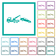 Car towing flat color icons with quadrant frames on white background - Car towing flat color icons with quadrant frames