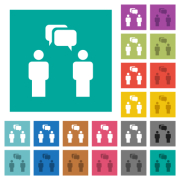 Two talking persons with rounded square bubbles solid multi colored flat icons on plain square backgrounds. Included white and darker icon variations for hover or active effects. - Two talking persons with rounded square bubbles solid square flat multi colored icons