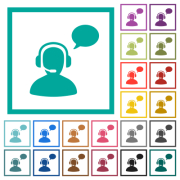 Talking operator solid flat color icons with quadrant frames on white background - Talking operator solid flat color icons with quadrant frames