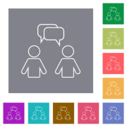 Two talking persons with rounded square bubbles outline flat icons on simple color square backgrounds - Two talking persons with rounded square bubbles outline square flat icons