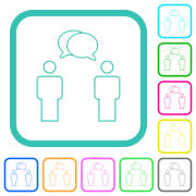 Two talking persons with oval bubbles outline vivid colored flat icons in curved borders on white background - Two talking persons with oval bubbles outline vivid colored flat icons