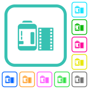 Negative camera film canister vivid colored flat icons in curved borders on white background - Negative camera film canister vivid colored flat icons