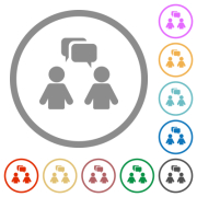 Two talking persons with oval bubbles solid flat color icons in round outlines on white background - Two talking persons with oval bubbles solid flat icons with outlines