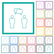 Two talking persons with rounded square bubbles outline flat color icons with quadrant frames on white background - Two talking persons with rounded square bubbles outline flat color icons with quadrant frames