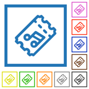 Concert ticket outline flat color icons in square frames on white background - Concert ticket outline flat framed icons
