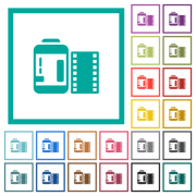 Negative camera film canister flat color icons with quadrant frames on white background - Negative camera film canister flat color icons with quadrant frames