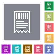 One receipt with barcode outline flat icons on simple color square backgrounds - One receipt with barcode outline square flat icons