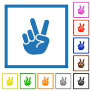 Victory sign hand gesture solid flat color icons in square frames on white background - Victory sign hand gesture solid flat framed icons