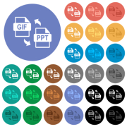 GIF PPT file conversion multi colored flat icons on round backgrounds. Included white, light and dark icon variations for hover and active status effects, and bonus shades. - GIF PPT file conversion round flat multi colored icons