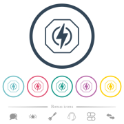 Octagon shaped electricity energy sanction sign outline flat color icons in round outlines. 6 bonus icons included. - Octagon shaped electricity energy sanction sign outline flat color icons in round outlines