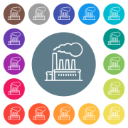 Factory building outline flat white icons on round color backgrounds. 17 background color variations are included. - Factory building outline flat white icons on round color backgrounds