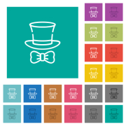 Top hat and bow tie outline multi colored flat icons on plain square backgrounds. Included white and darker icon variations for hover or active effects. - Top hat and bow tie outline square flat multi colored icons