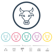 Cow head outline flat color icons in round outlines. 6 bonus icons included. - Cow head outline flat color icons in round outlines