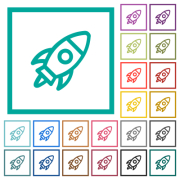 Launched rocket outline flat color icons with quadrant frames on white background - Launched rocket outline flat color icons with quadrant frames
