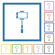 Smartphone on selfie stick front view flat color icons in square frames on white background - Smartphone on selfie stick front view flat framed icons