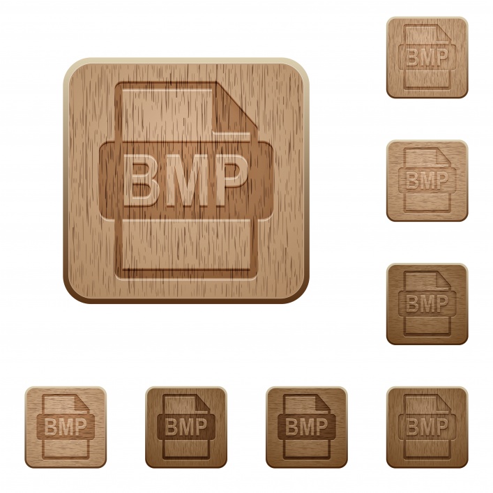 Set of carved wooden BMP file format buttons in 8 variations. - Free image