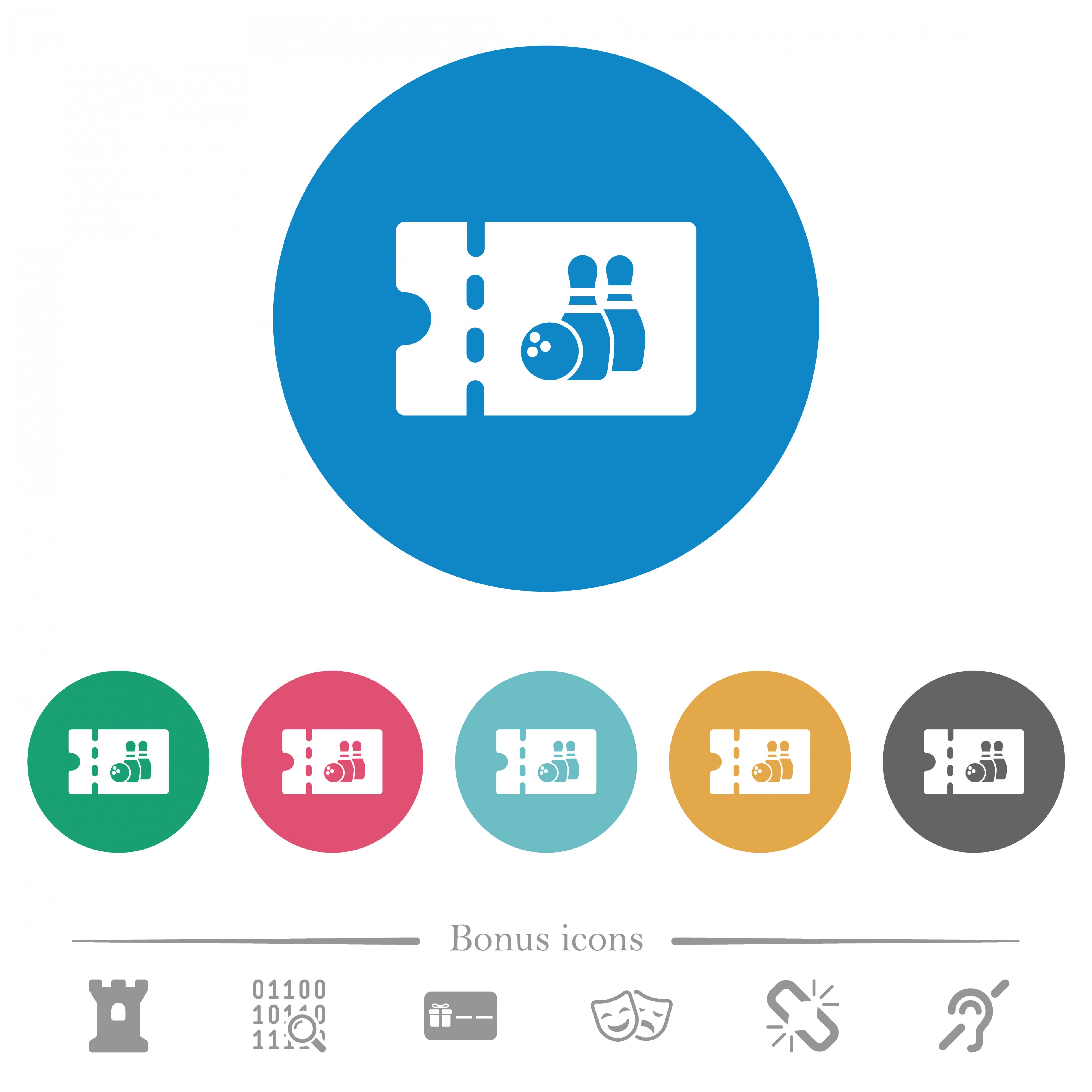 Bowling discount coupon flat white icons on round color backgrounds. 6 bonus icons included. - Free image