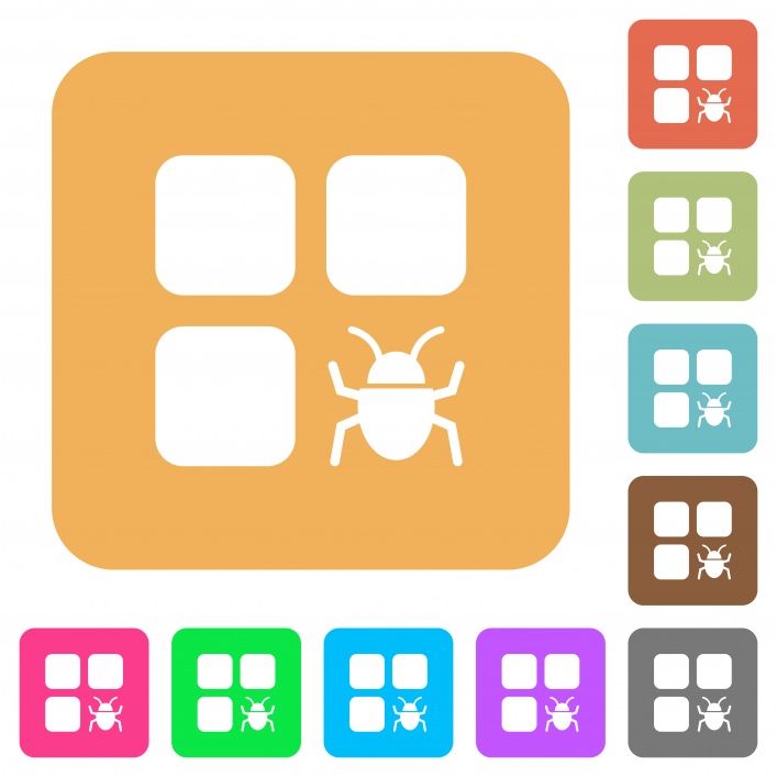 Component bug flat icons on rounded square vivid color backgrounds. - Free image
