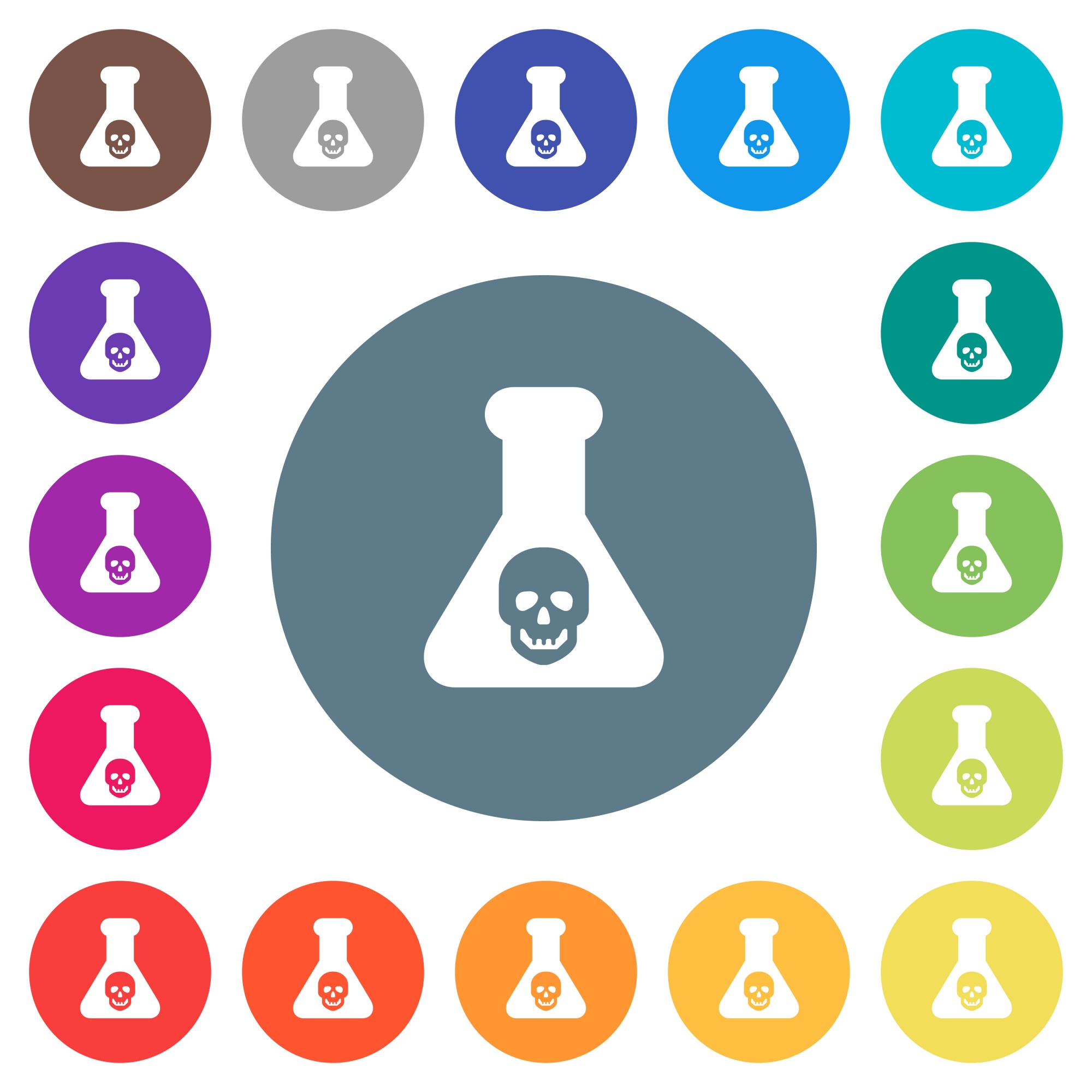 Dangerous chemical experiment flat white icons on round color backgrounds. 17 background color variations are included. - Free image