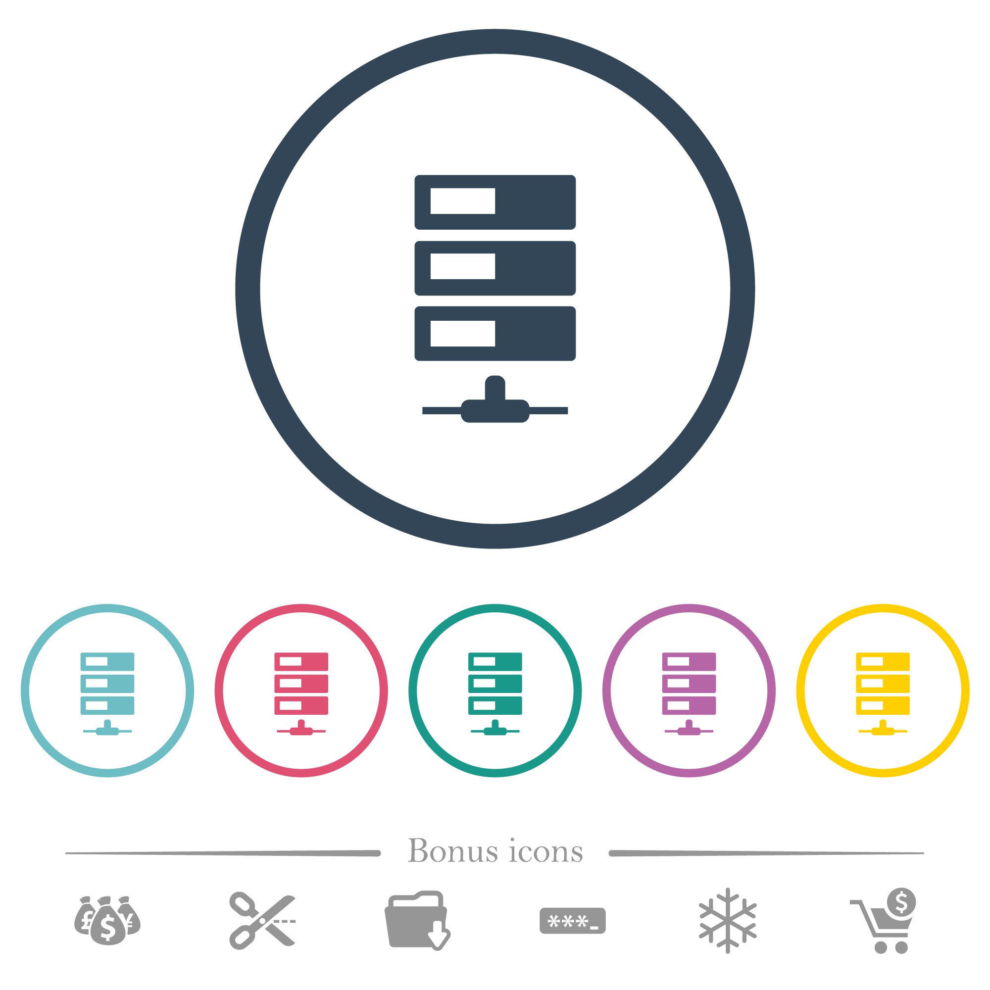 Data network flat color icons in round outlines. 6 bonus icons included. - Free image