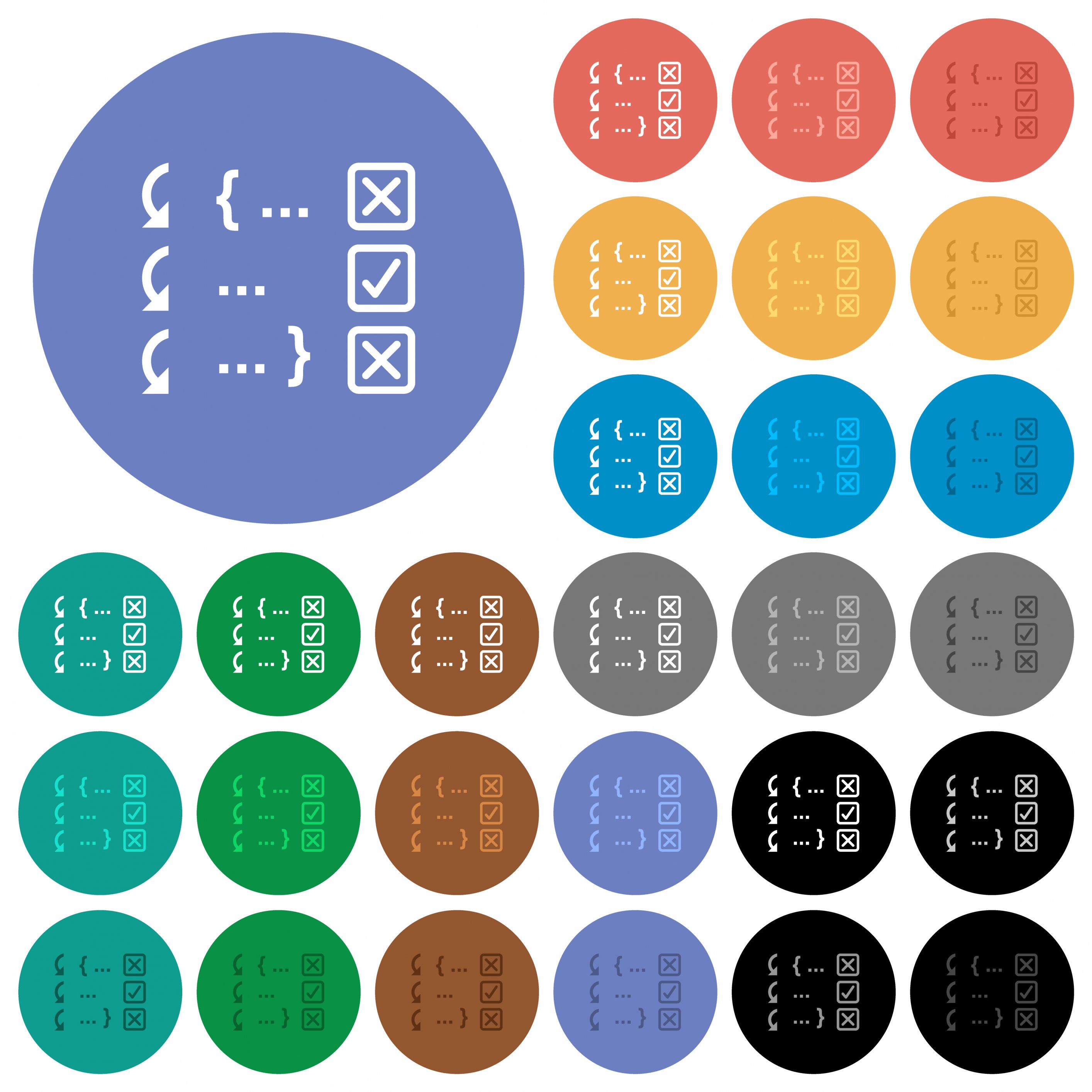 Debugging program multi colored flat icons on round backgrounds. Included white, light and dark icon variations for hover and active status effects, and bonus shades. - Free image