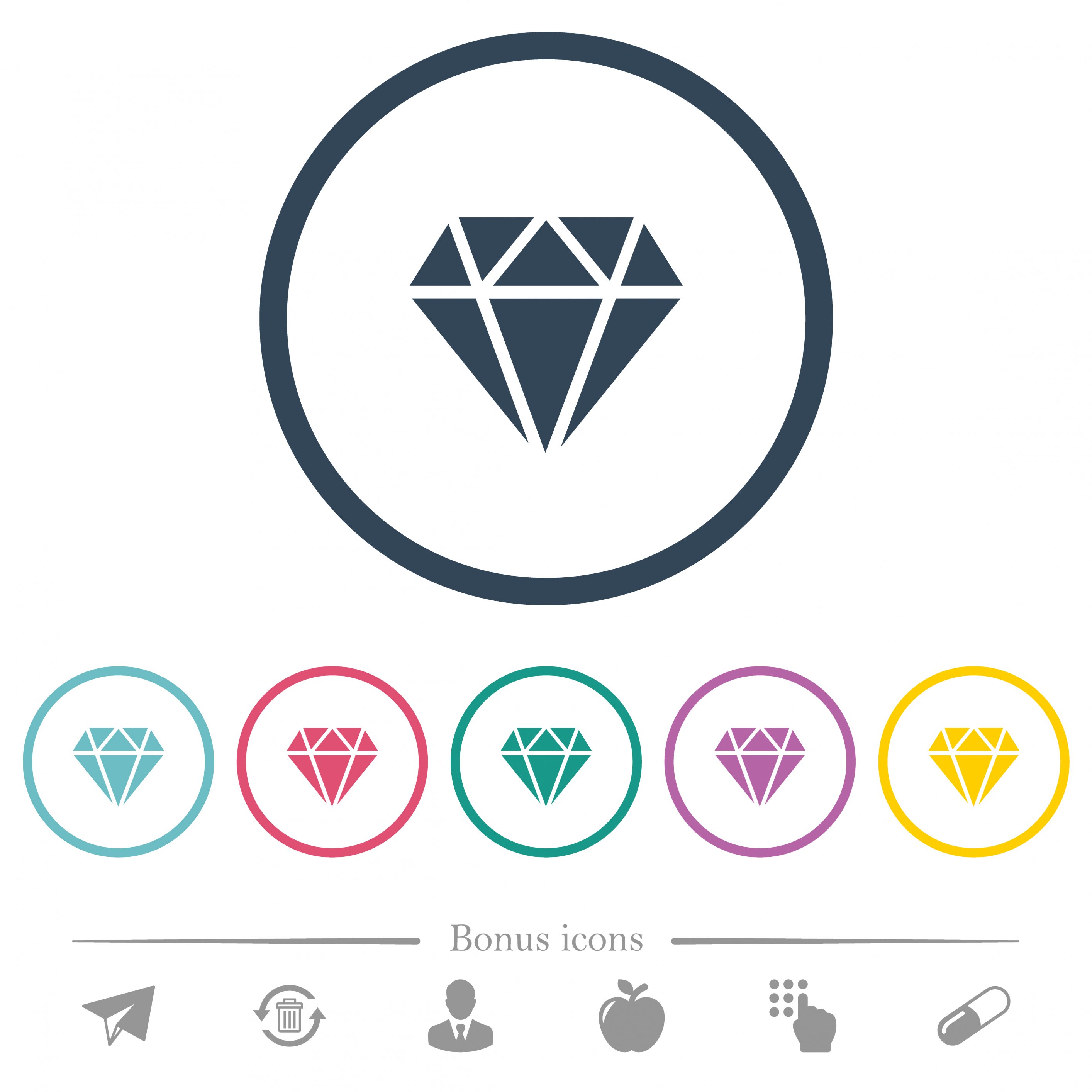 Diamond flat color icons in round outlines. 6 bonus icons included. - Free image