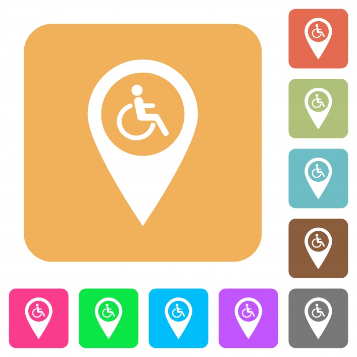 Disability accessibility GPS map location flat icons on rounded square vivid color backgrounds. - Free image
