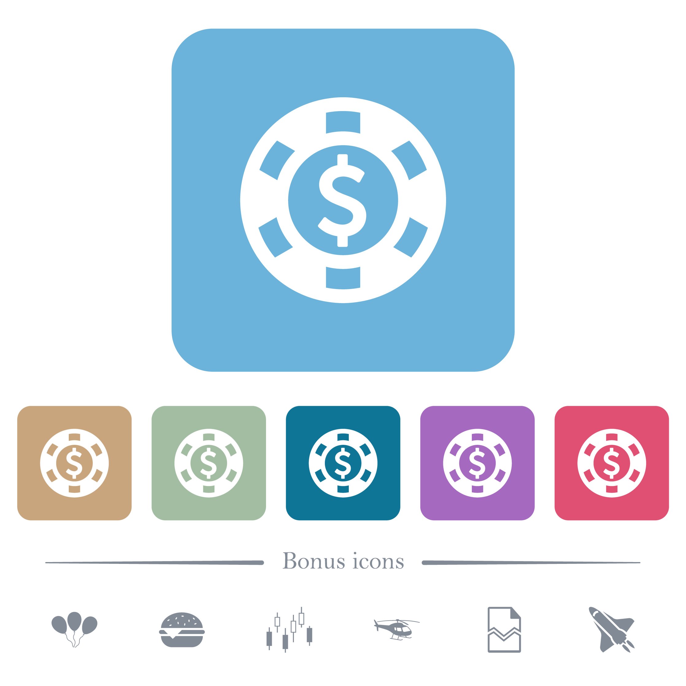 Dollar casino chip white flat icons on color rounded square backgrounds. 6 bonus icons included - Free image