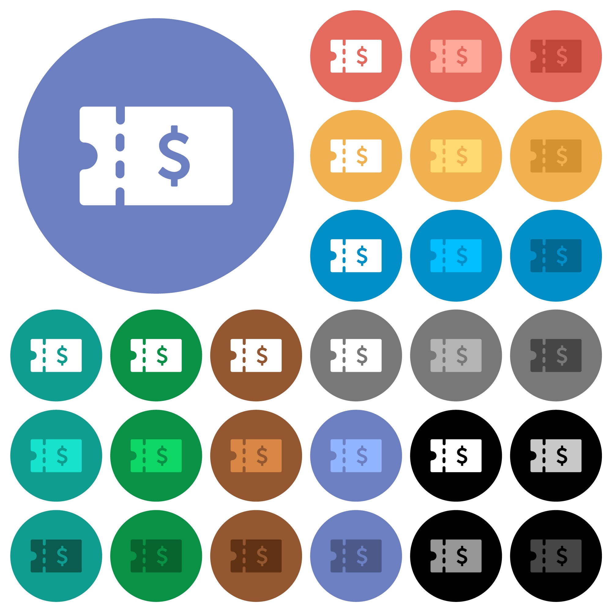 Dollar discount coupon multi colored flat icons on round backgrounds. Included white, light and dark icon variations for hover and active status effects, and bonus shades. - Free image