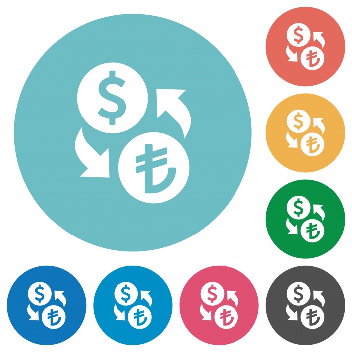 Dollar Lira money exchange flat white icons on round color backgrounds - Free image