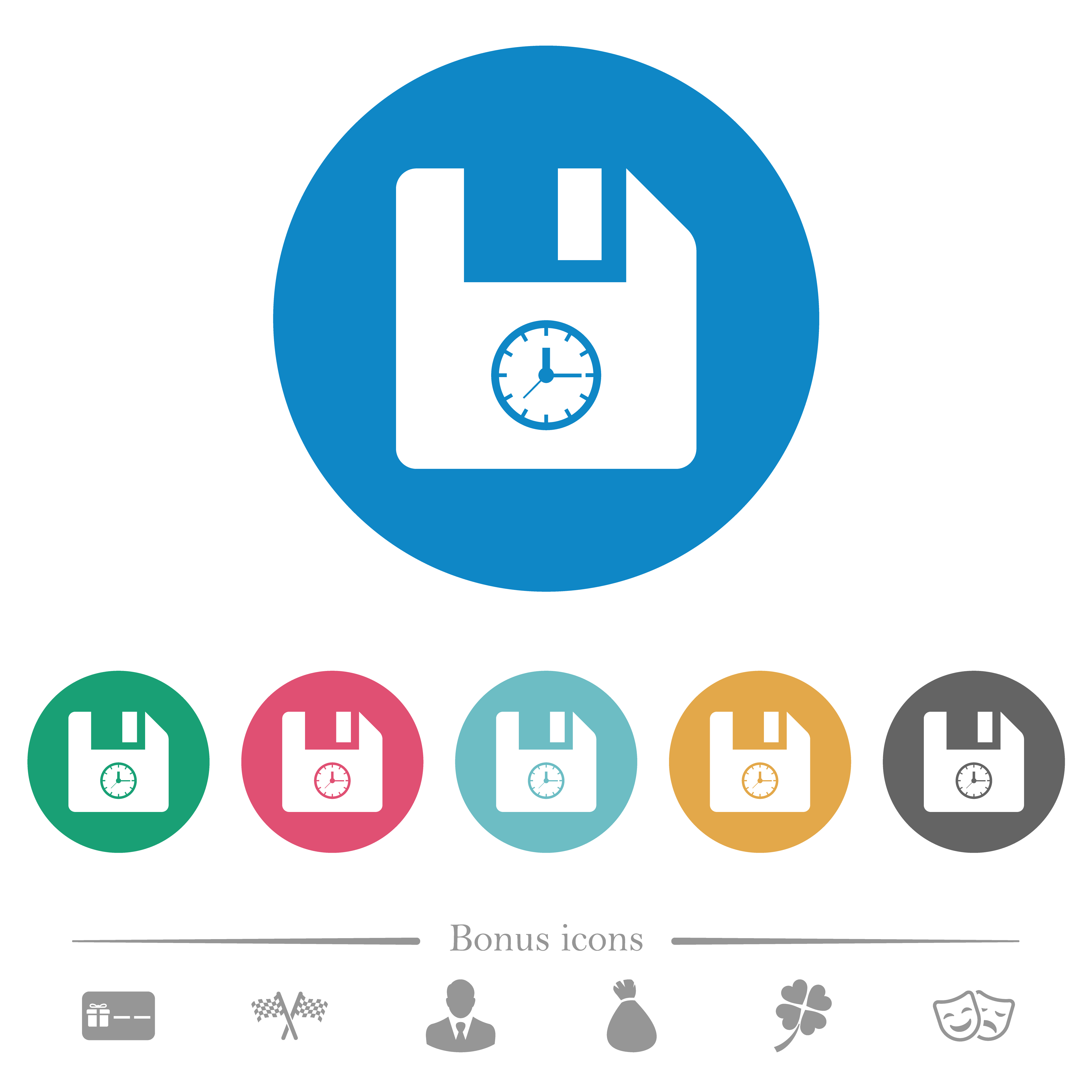 File time flat white icons on round color backgrounds. 6 bonus icons included. - Free image