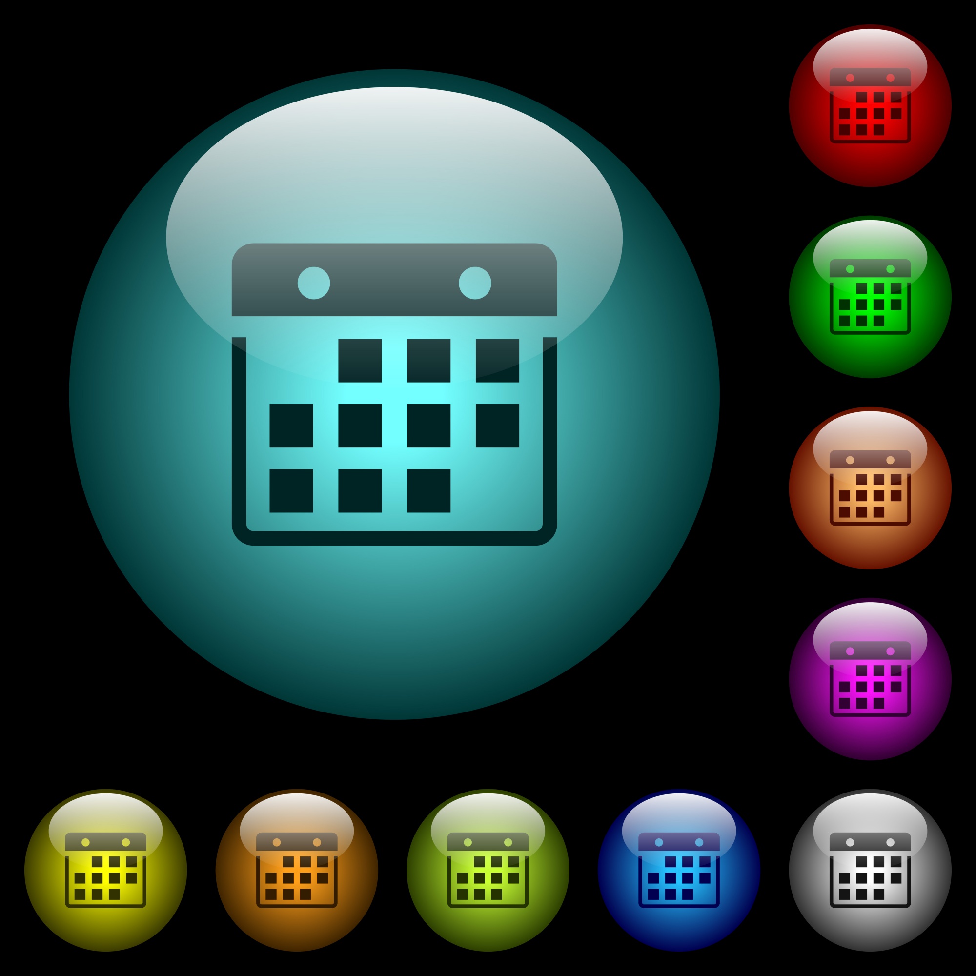 Hanging calendar icons in color illuminated spherical glass buttons on black background. Can be used to black or dark templates - Free image