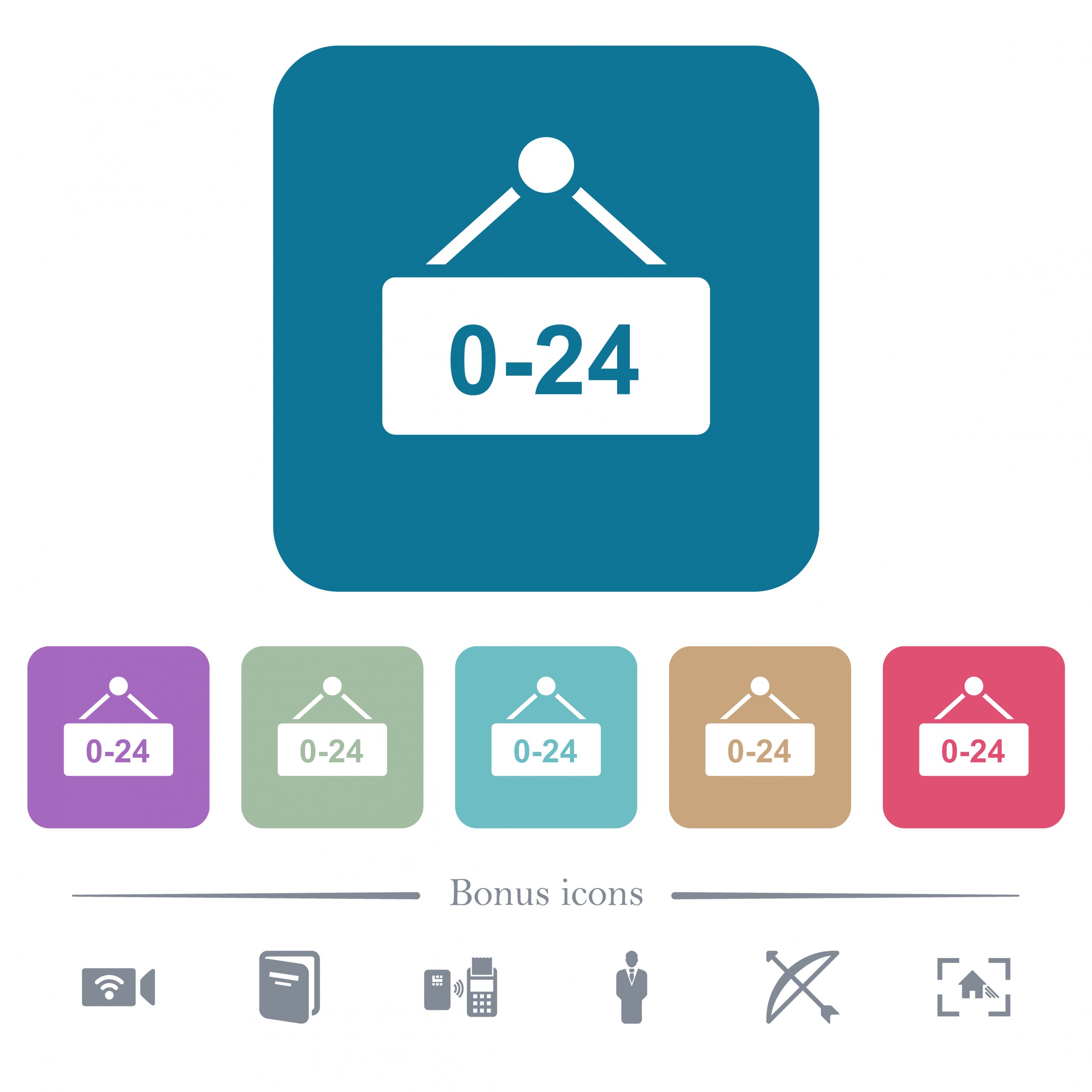 Hanging table with 24 hours white flat icons on color rounded square backgrounds. 6 bonus icons included - Free image