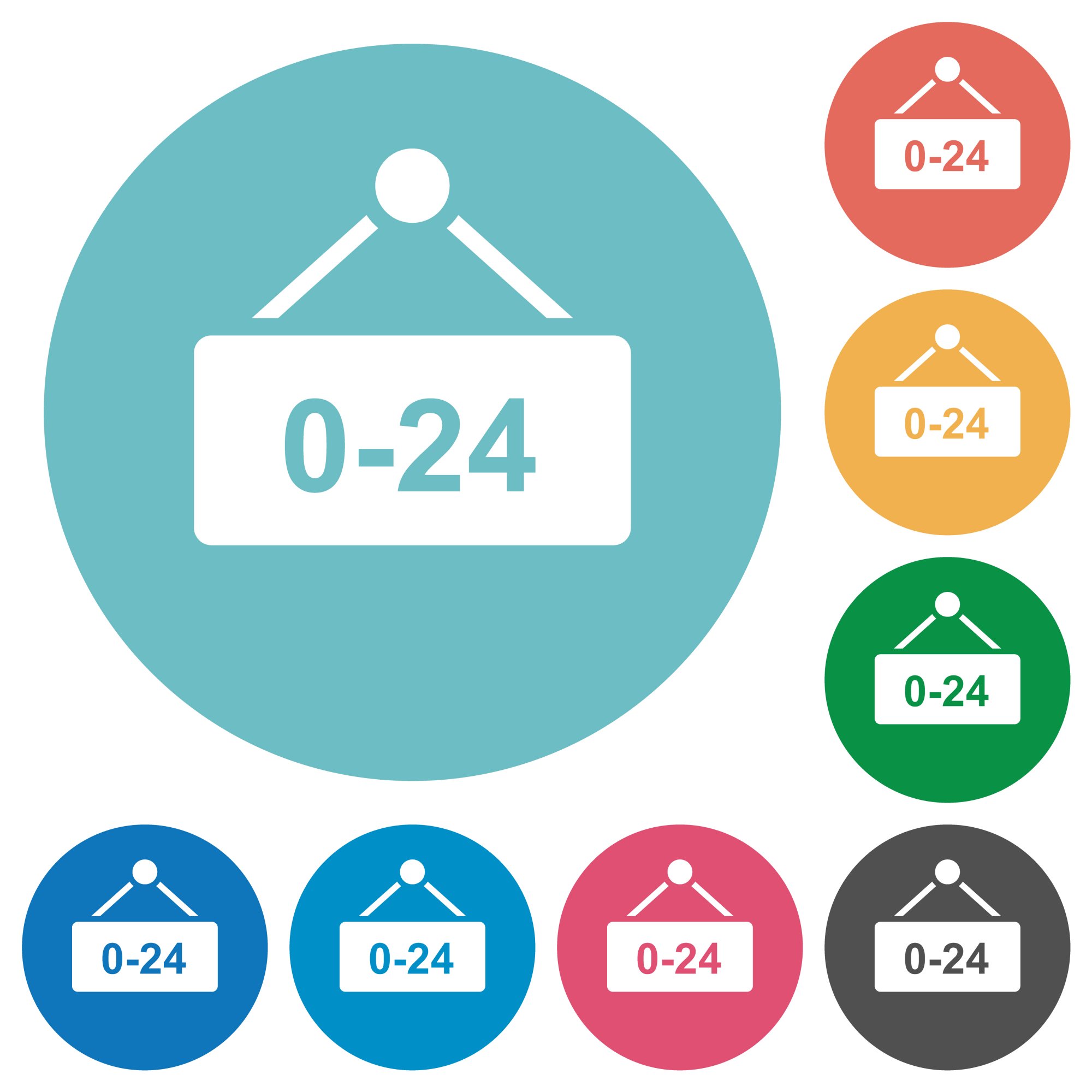 Hanging table with 24 hours flat white icons on round color backgrounds - Free image