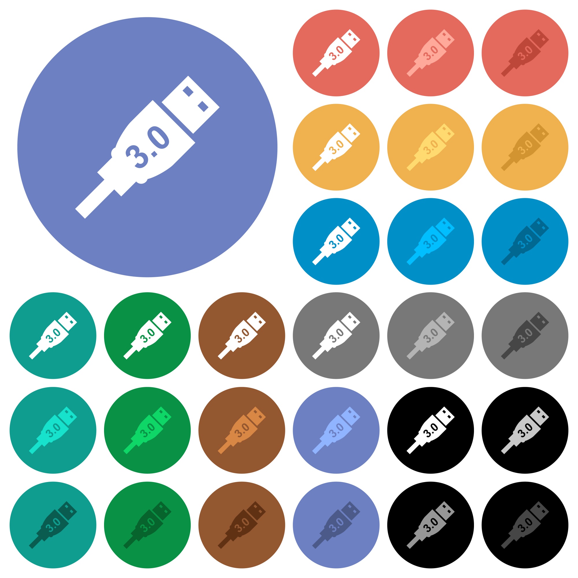 High speed USB multi colored flat icons on round backgrounds. Included white, light and dark icon variations for hover and active status effects, and bonus shades on black backgounds. - Free image