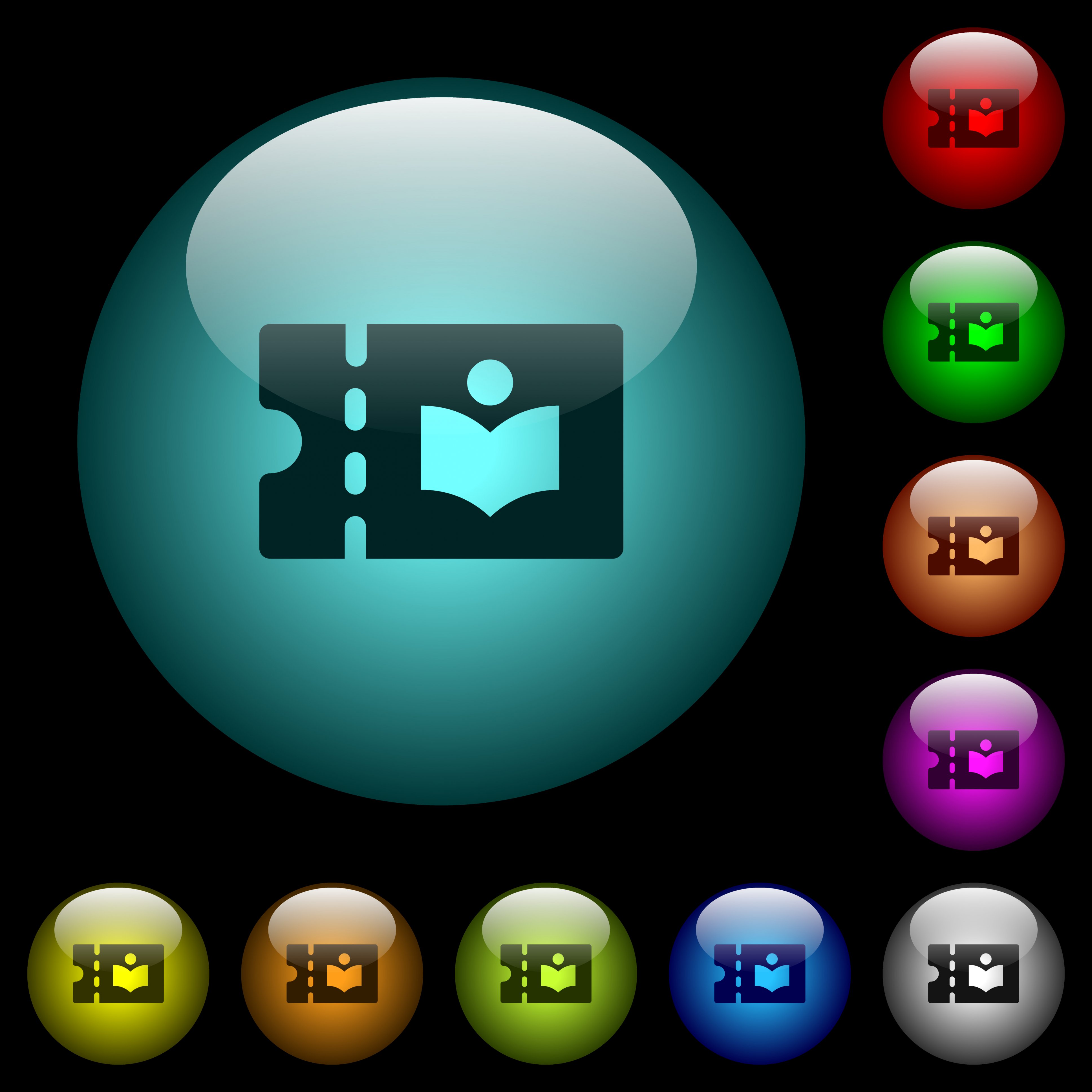 Library discount coupon icons in color illuminated spherical glass buttons on black background. Can be used to black or dark templates - Free image