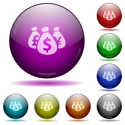 Set of color Money bags glass sphere buttons with shadows. - Free image