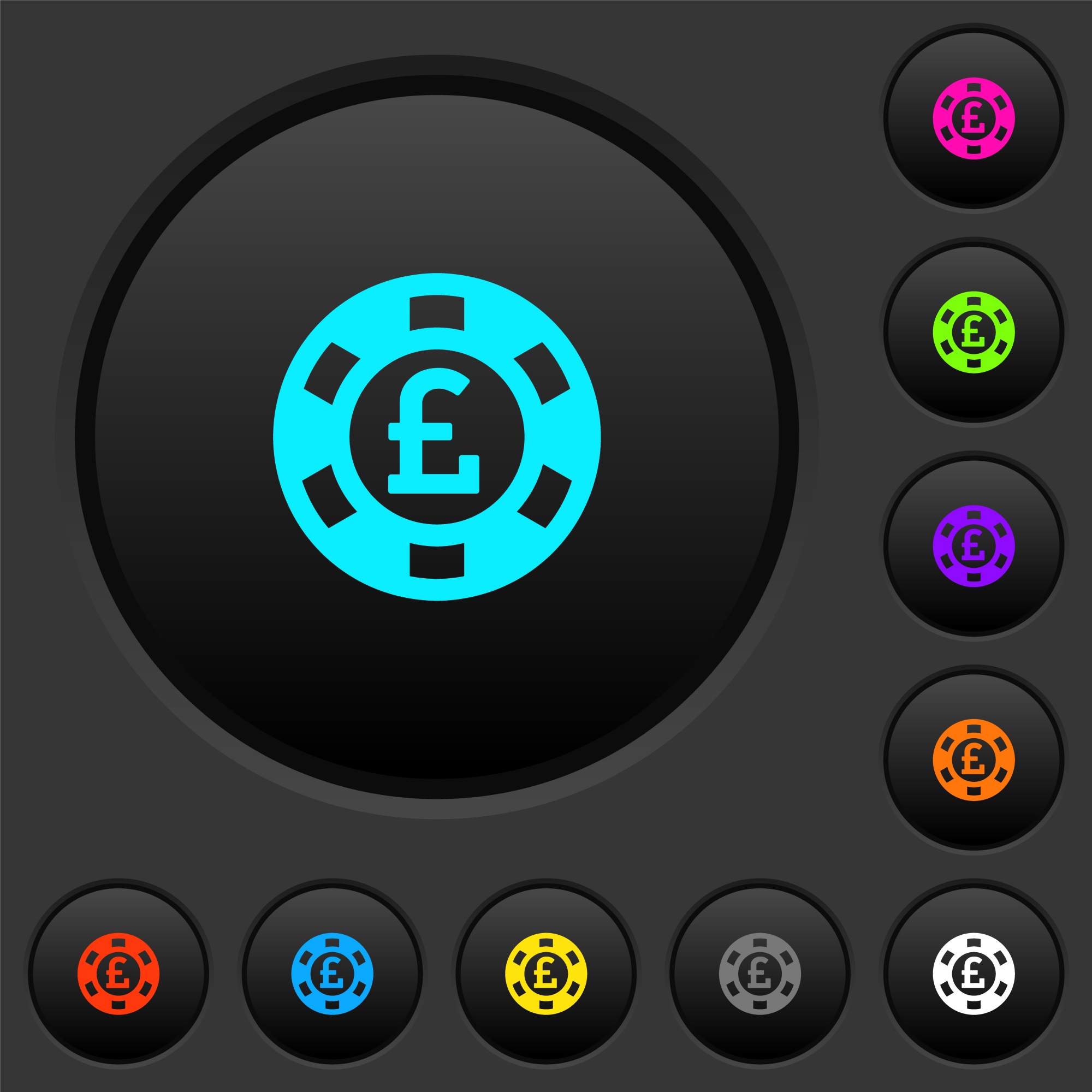 Pound casino chip dark push buttons with vivid color icons on dark grey background - Free image