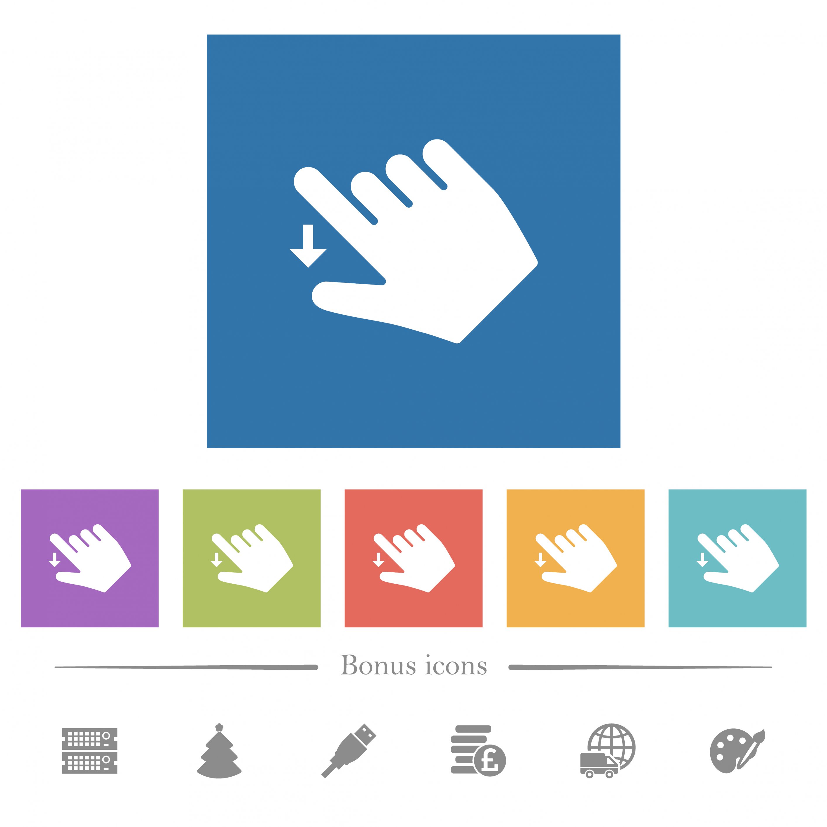 Right handed move down gesture flat white icons in square backgrounds. 6 bonus icons included. - Free image