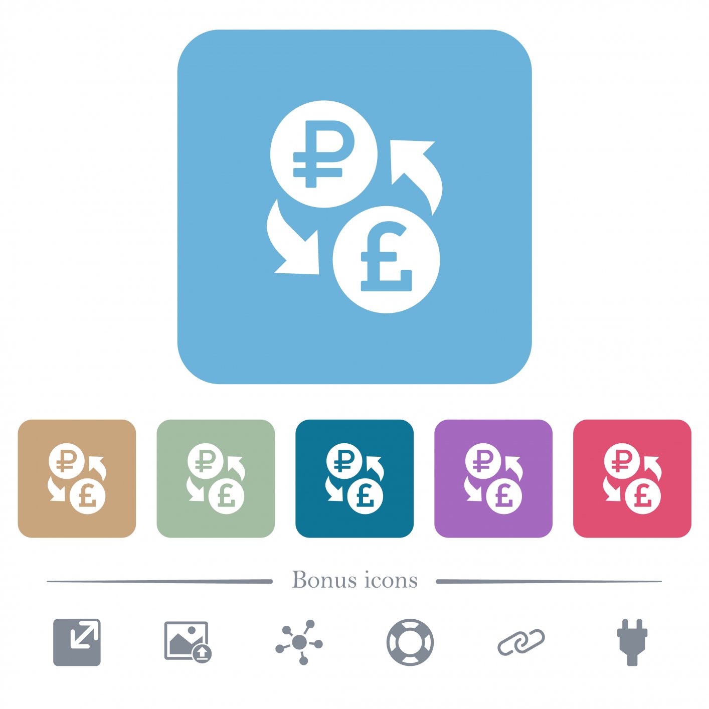 Ruble Pound money exchange white flat icons on color rounded square backgrounds. 6 bonus icons included - Free image