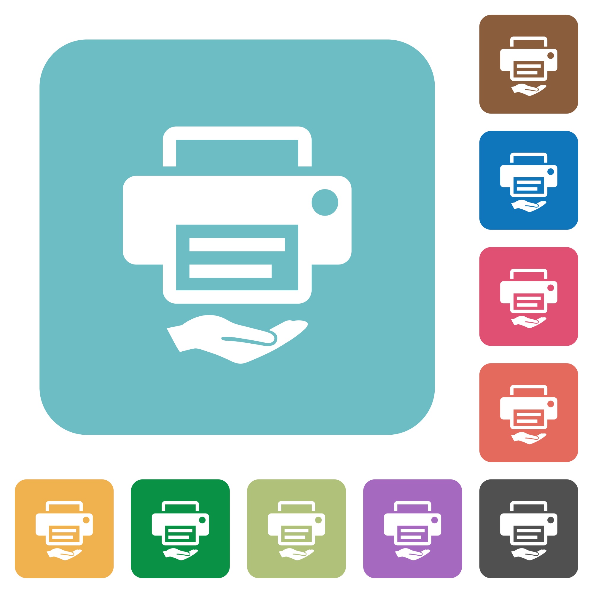 Shared printer white flat icons on color rounded square backgrounds - Free image