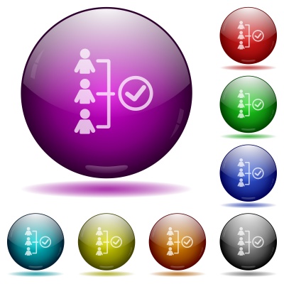 Set of color successful teamwork glass sphere buttons with shadows. - Free image