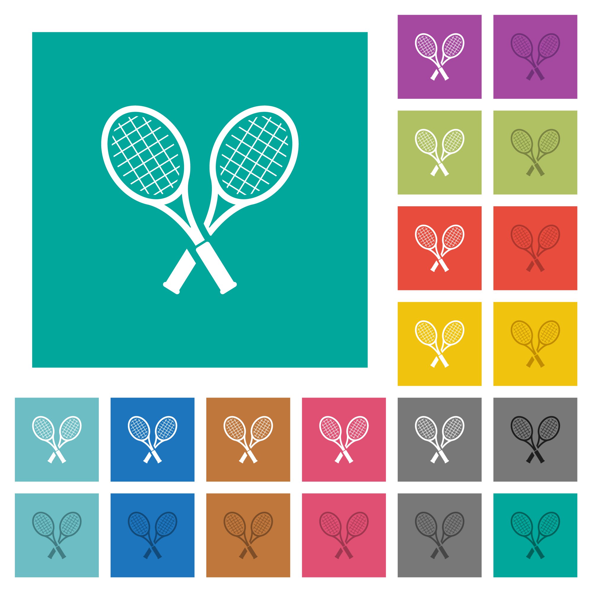 Two tennis rackets multi colored flat icons on plain square backgrounds. Included white and darker icon variations for hover or active effects. - Free image