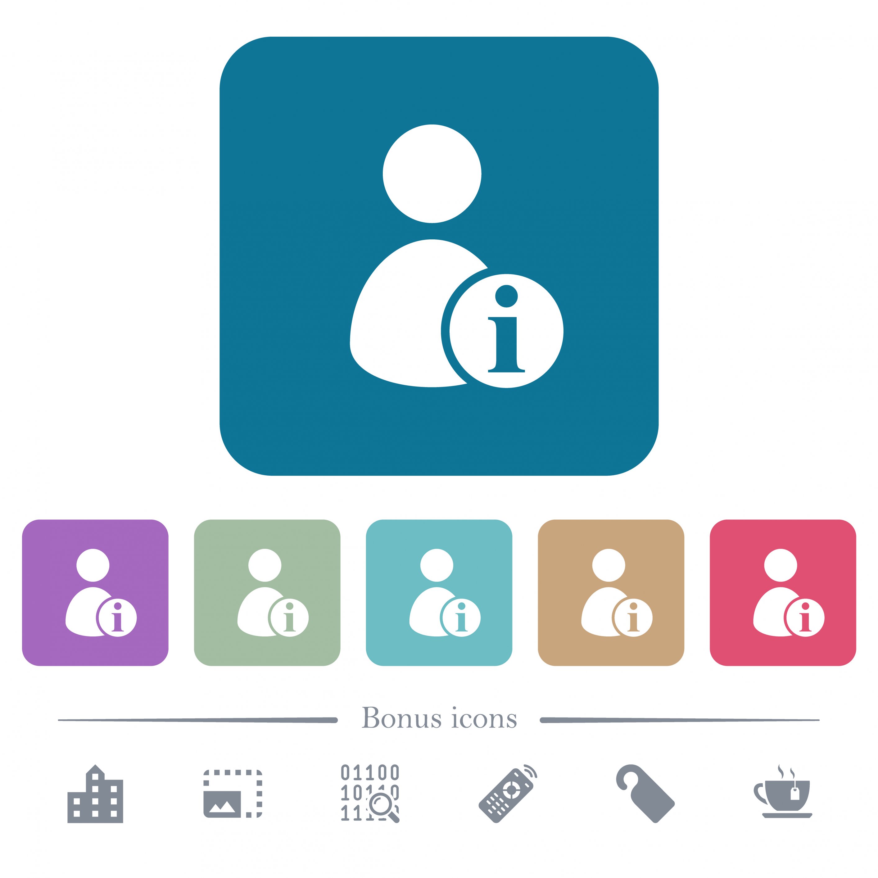 User account information white flat icons on color rounded square backgrounds. 6 bonus icons included - Free image
